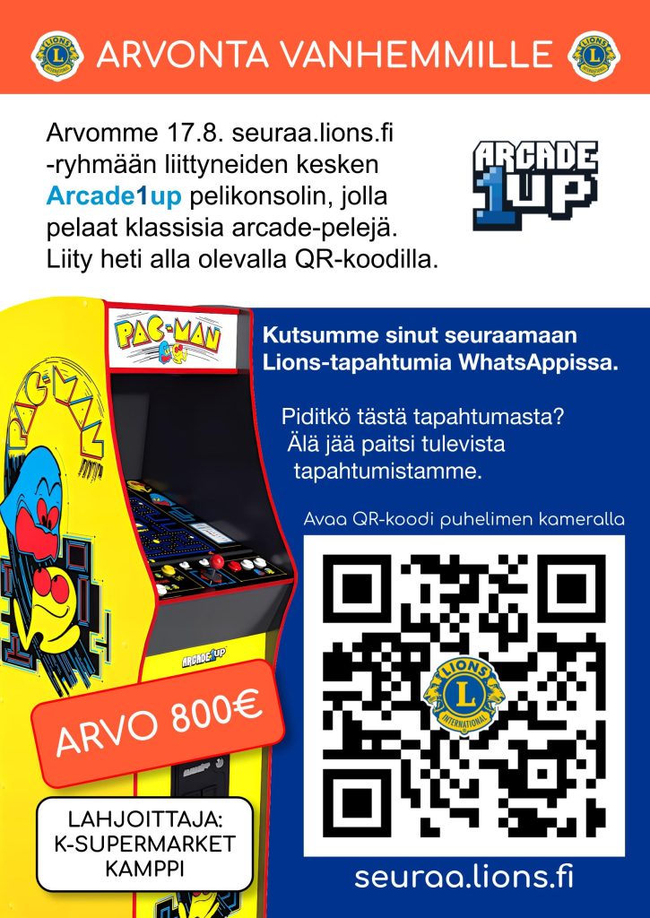 Arvomme 17.8. seuraa.lions.fi -ryhmään liittyneiden kesken K-Supermarket Kampin lahjoittaman 800€ arvoisen Arcade1up pelikonsolin, jolla pelaat klassisia arcade-pelejä.